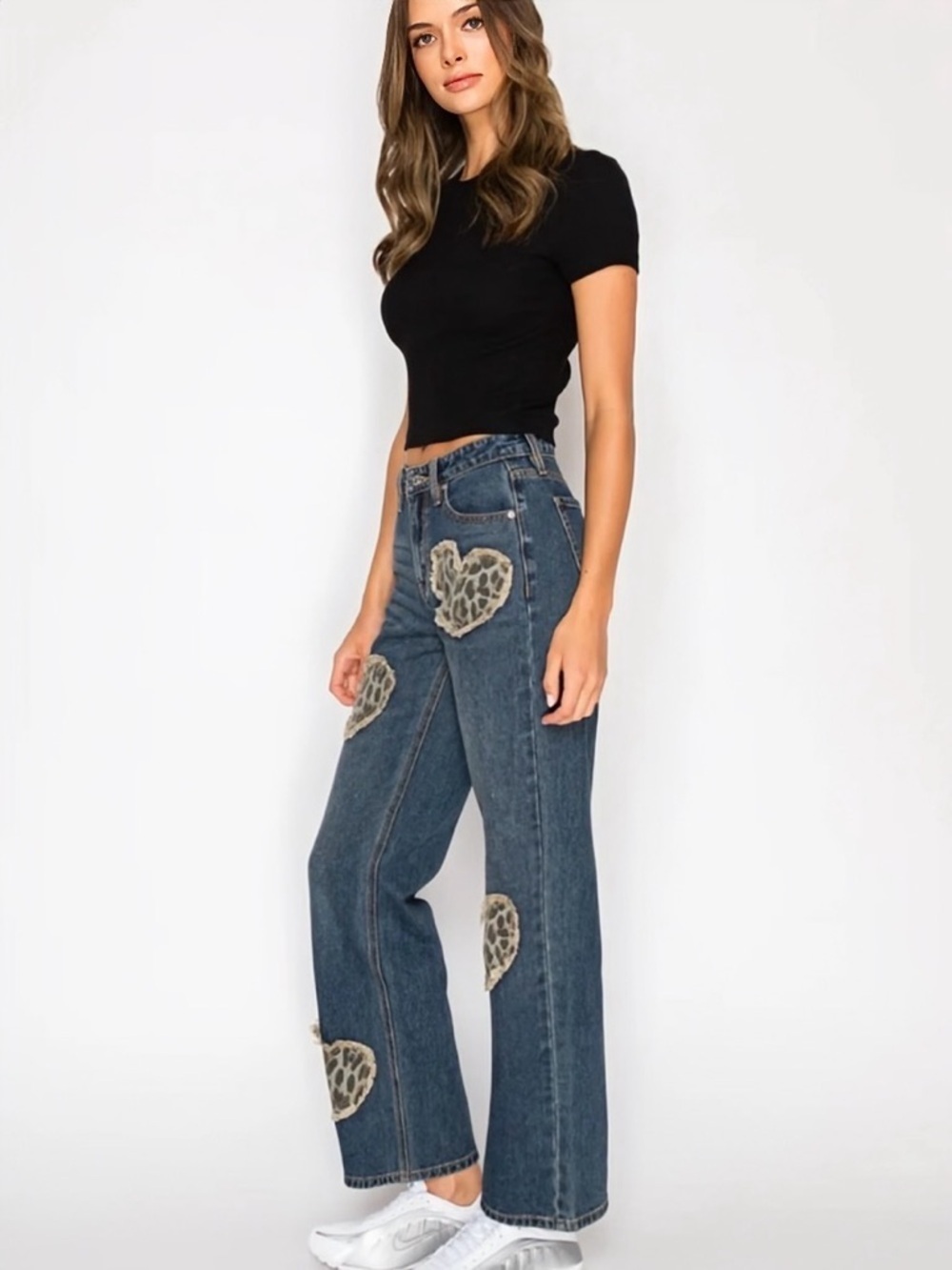 NWOT Cali 1850 Animal Print Heart Patch Straight Leg Jeans Junior’s Size 5 - Picture 4 of 16